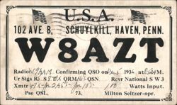 W8AZT QSL Card, Milton Seltzer, Schuylkill Haven, PA Postcard