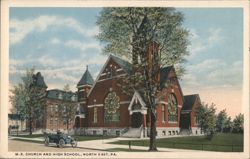 M. E. Church and High School, North East, PA Postcard