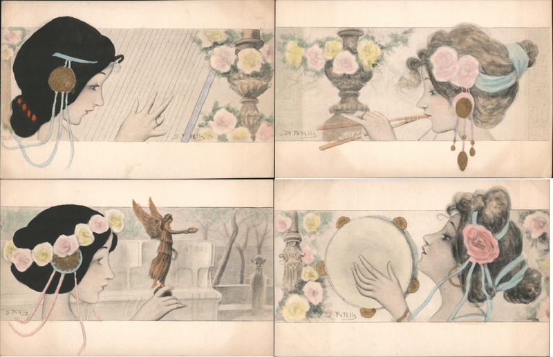 Set of 4 Art Nouveau Women Harp, Tamborine, Flute, Statue