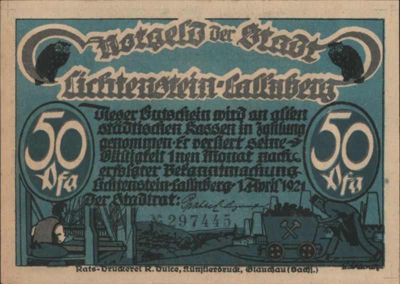 Liechtenstein-Callenberg 50 Pfennig Notgeld Owls Miner Devil