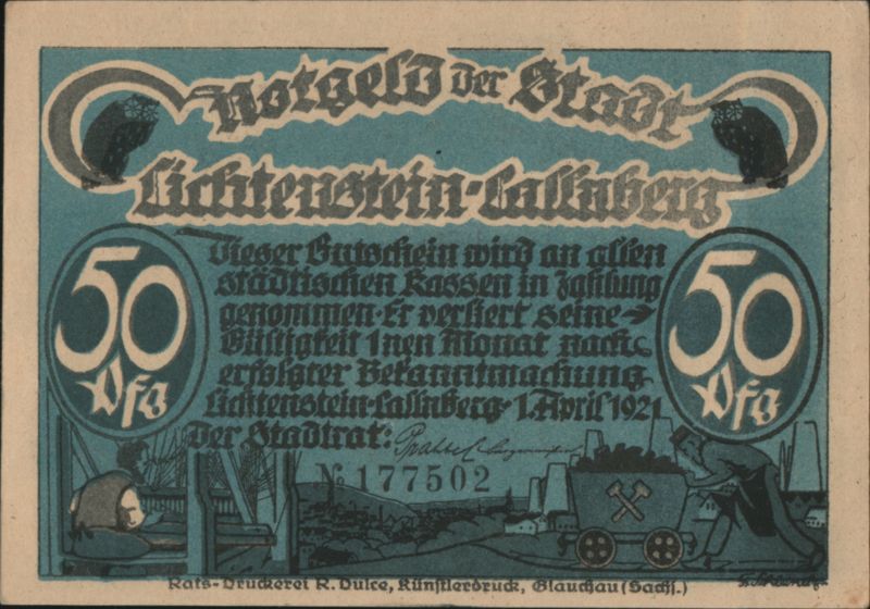 Lichtenstein-Callnberg 50 Pfennig Notgeld Mining and Witch Sachsen Germany