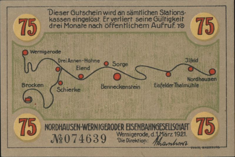 Nordhausen-Wernigerode Railway Company 75 Pfennig Voucher with Map Germany