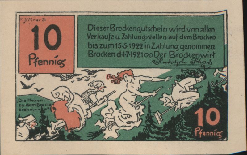 10 Pfennig Brocken Voucher, Witches Flying to Brocken Mountain Germany