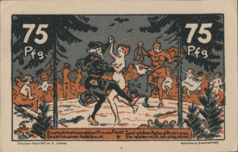 Faust and Mephistopheles on Brocken Mountain, 75 Pfennig Voucher Germany