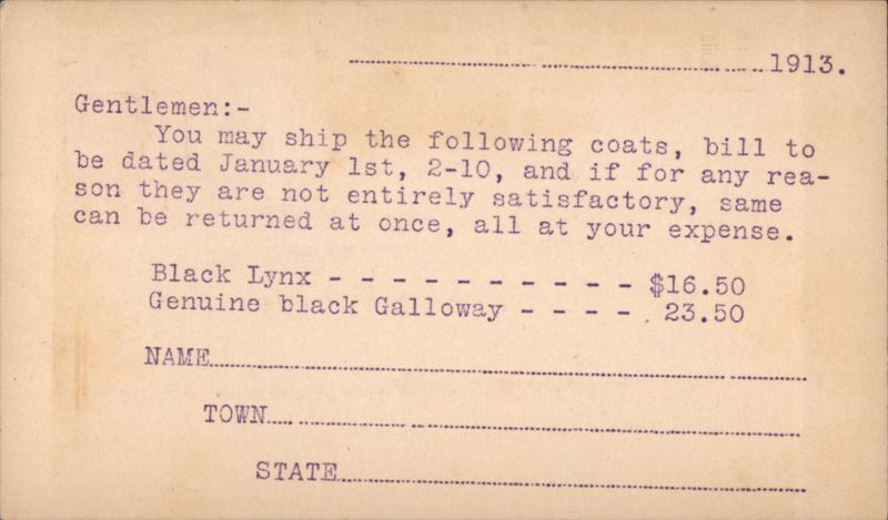 1913 Monarch Tanning & Mfg. Co. Fur Coat Order Form