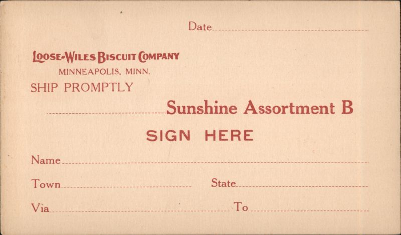 Loose-Wiles Biscuit Company Sunshine Assortment B Order Form Minneapolis Minnesota