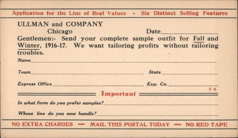 Ullman and Company Tailoring Sample Outfit Application 1916-17 Chicago Illinois