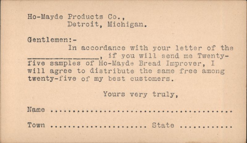 Ho-Mayde Bread Improver Form Letter Detroit Michigan