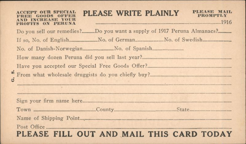 Peruna Remedies 1916 Retailer Questionnaire Columbus Ohio