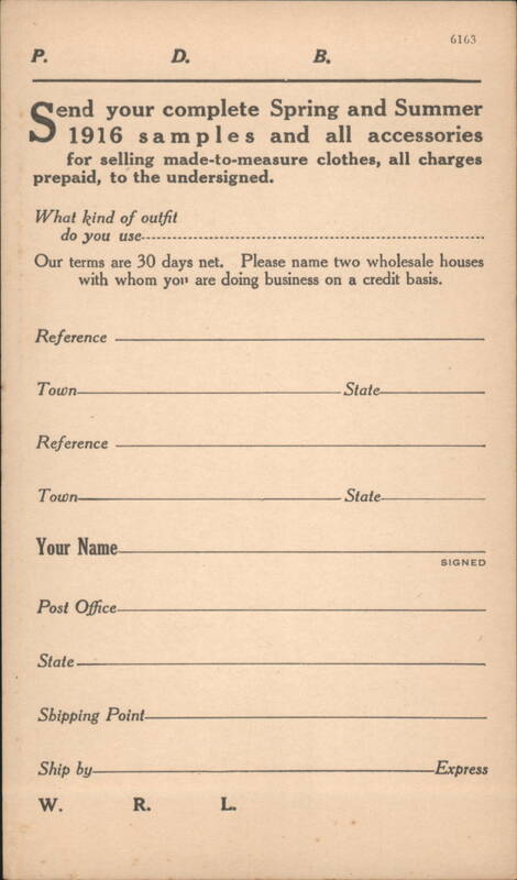 H. M. Marks & Co. 1916 Clothing Samples Order Form Chicago Illinois