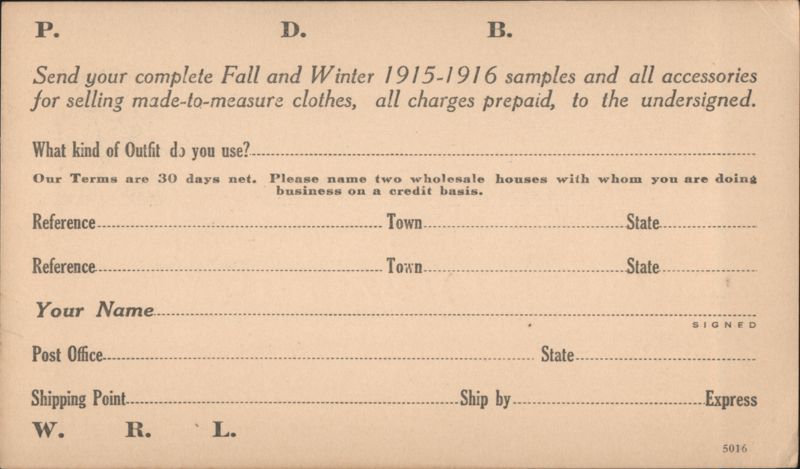 Monarch Tailoring Co. 1915-1916 Samples Order Form Chicago Illinois