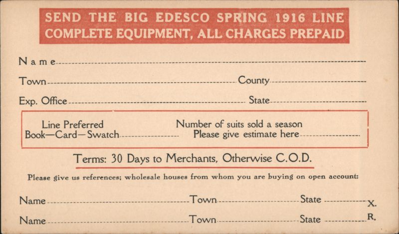 Edesco Spring 1916 Line Order Form Edward E. Strauss & Co. Chicago Illinois