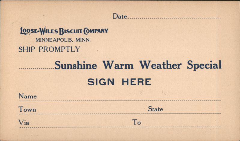 Loose-Wiles Biscuit Company Sunshine Warm Weather Special Order Form Minneapolis Minnesota
