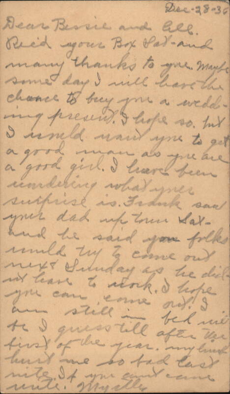 Handwritten Letter to Bessie Frazee Postal Cards & Correspondence