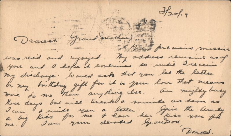 Grandson Donald's Letter to Grandmother, Post WWI Military Discharge