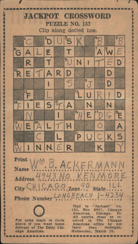 Chicago American Jackpot Crossword Puzzle No. 152 Illinois