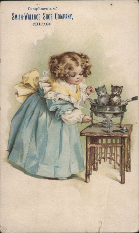 Girl Playing with Kittens, Smith-Wallace Shoe Company Advertising Chicago Illinois