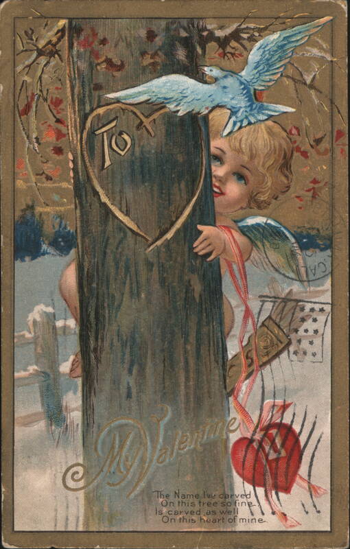 Cherubic Child with Carved Heart on Tree, Blue Bird, My Valentine Poem