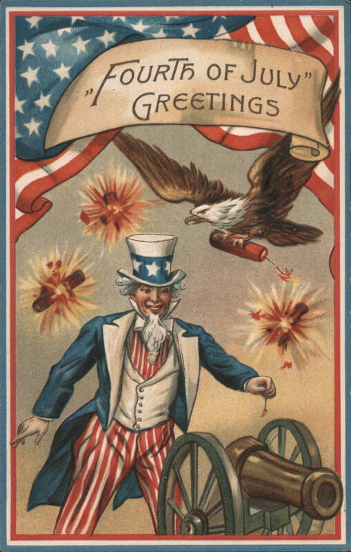 Fourth of July Greetings with Uncle Sam, Eagle, and Fireworks