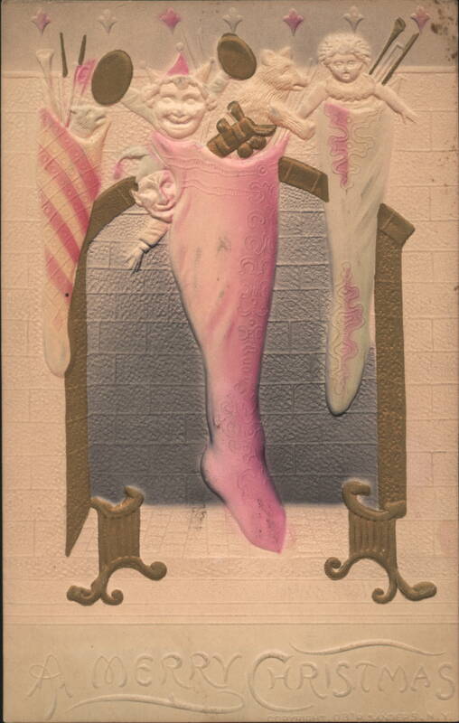 A Merry Christmas Stockings with Cherubs and Toys