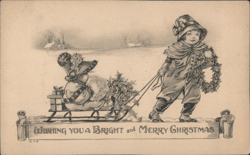 Child Pulling Sled with Christmas Tree and Wreath G S B