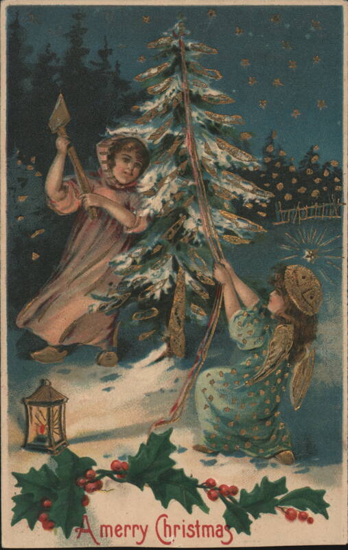 A Merry Christmas, Angel and Child with Axe by Snowy Tree