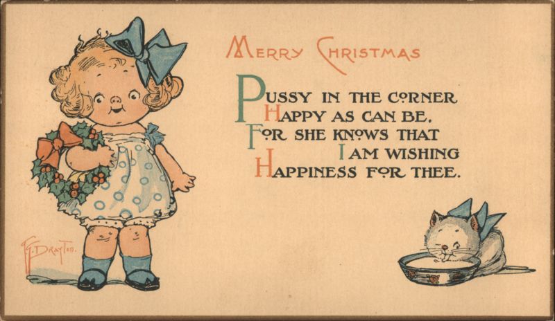 Child holds Holly Wreath and Cat Drinks Milk With Cats