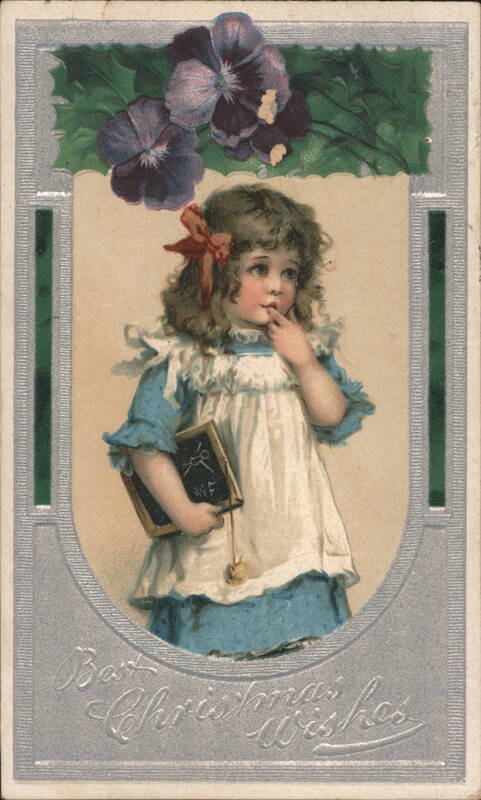 Girl with Book and Pansies, Best Christmas Wishes Children