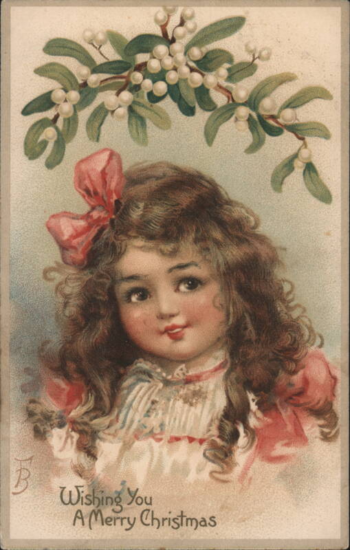 Young Girl with Mistletoe Wishing You A Merry Christmas