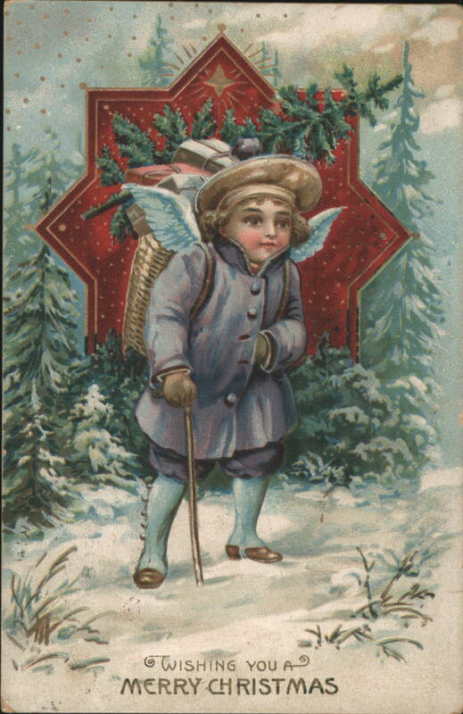 Christmas Angel Child with Basket and Staff in Snow