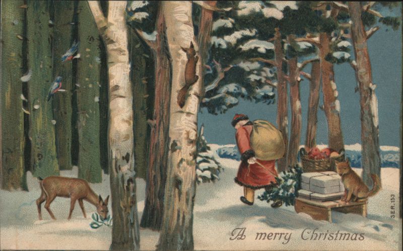 A Merry Christmas in Snowy Forest with Santa-like Figure and Animals