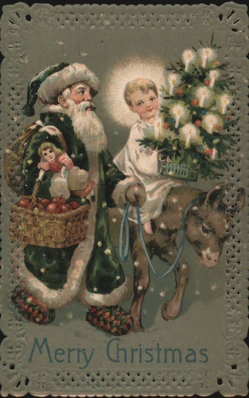 Santa Claus, Child on Donkey with Christmas Tree
