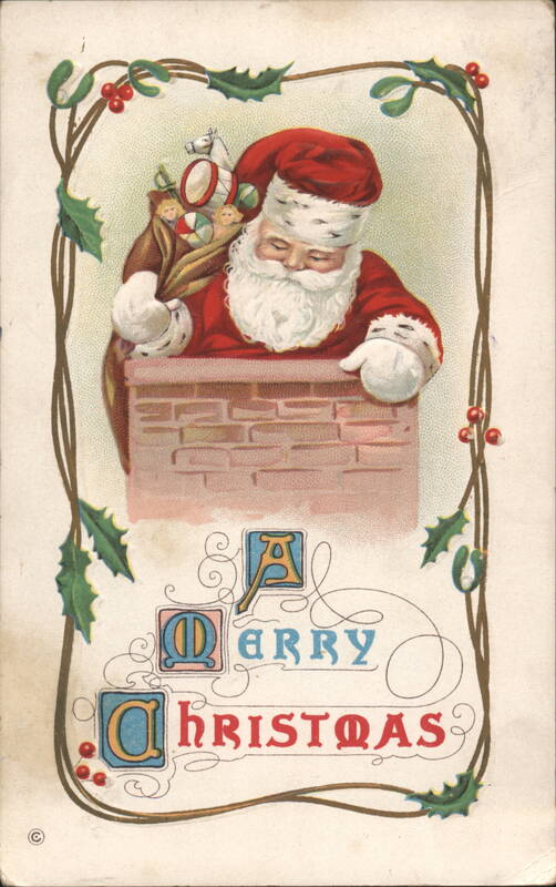 Santa Claus in Chimney with Sack of Toys, Merry Christmas