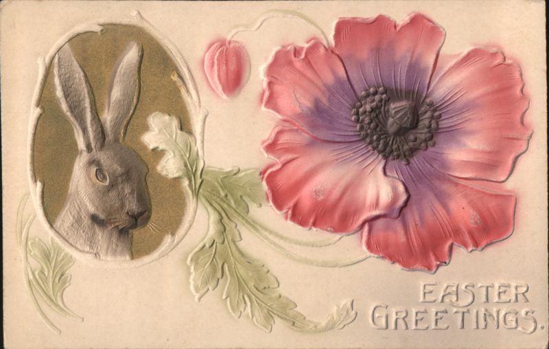 Easter Greetings with Bunny and Poppy Flower With Bunnies