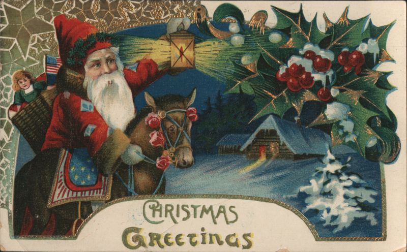 Santa Claus on Horseback with Lantern and Child, Christmas Greetings