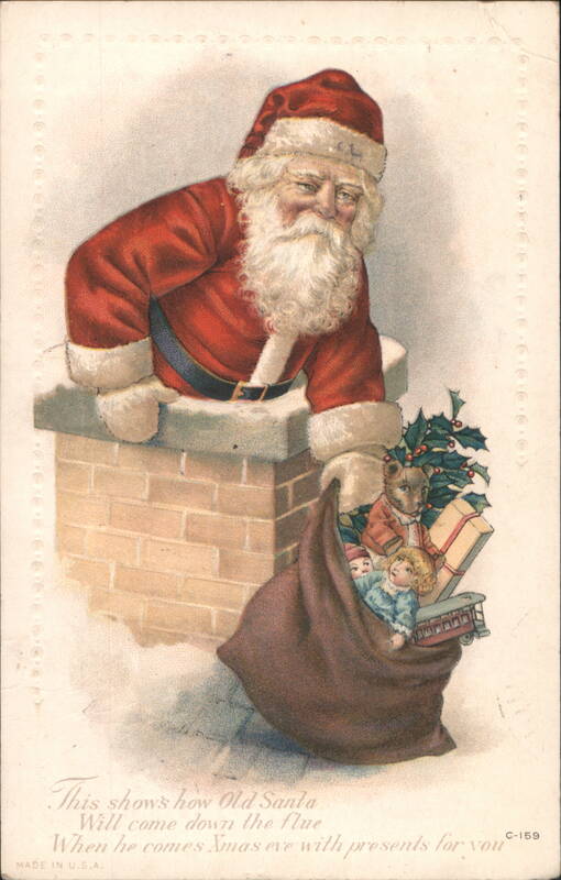 Santa Claus Coming Down Chimney with Sack of Toys
