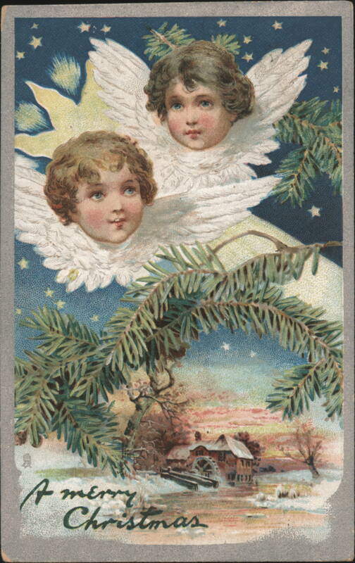 Christmas Angels Above Winter Water Mill Scene
