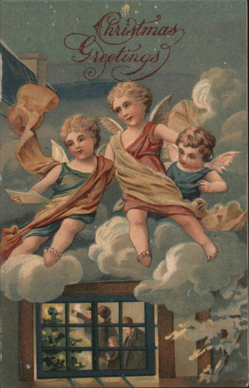Christmas Greetings, Angels Flying Above Snowy House