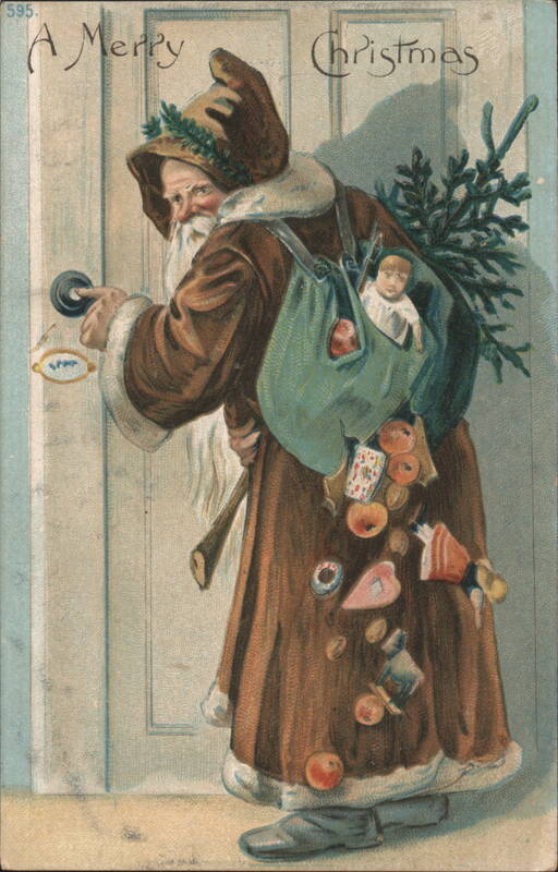Santa Claus at Door with Sack of Toys and Christmas Tree