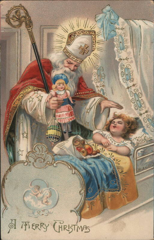 Saint Nicholas Visiting Girl in Bed with Doll Santa Claus