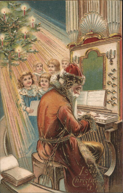 Santa Claus Playing Organ with Children Singing Christmas Carols