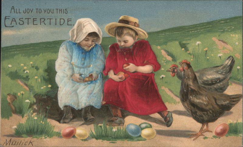 Eastertide Greeting with Children, Eggs, and Chickens
