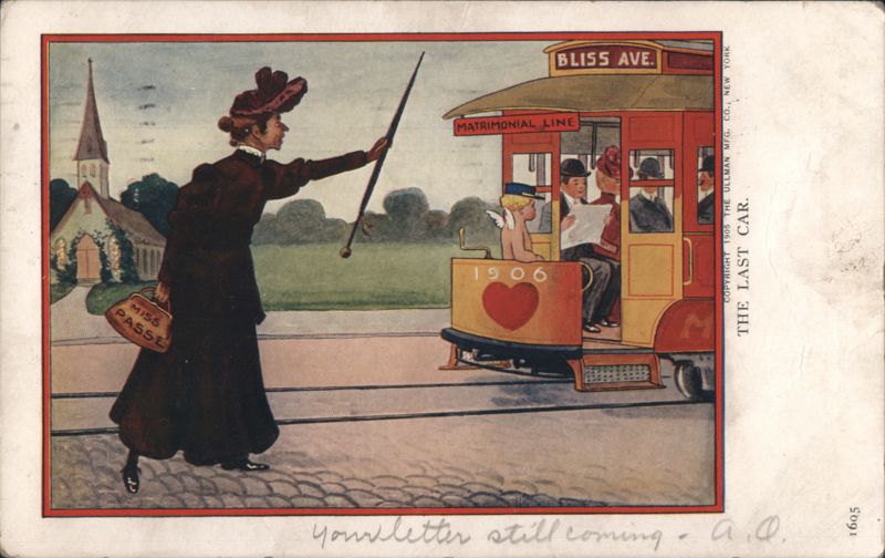 Miss Passe Hails Matrimonial Line Streetcar to Bliss Ave