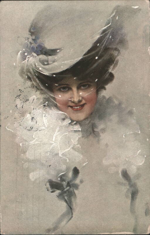 Elegant Smiling Woman in Large Hat with Ruffled Collar