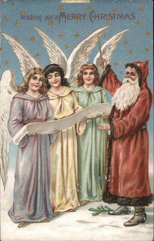 Santa Claus and Angels Holding Scroll, Wishing Merry Christmas