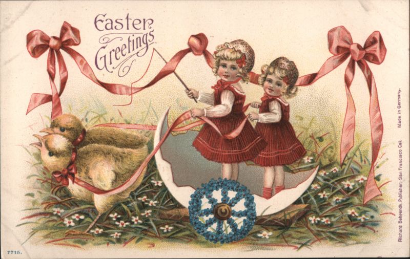 Easter Greetings Girls in Eggshell with Chicks With Children