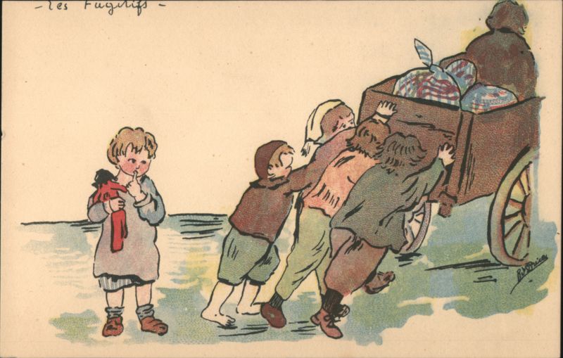 Children Pushing Cart, Les Fugitifs R. Prieur World War I