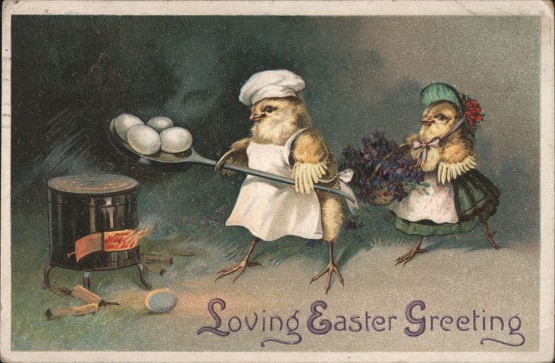 Loving Easter Greeting with Chicks Cooking Eggs