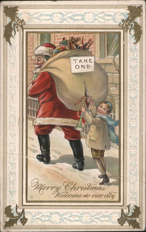 Santa Claus with Boy and Bugle, Merry Christmas