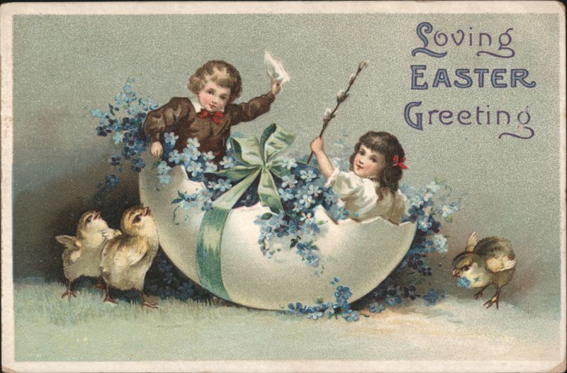 Loving Easter Greeting, Children and Chicks in Egg